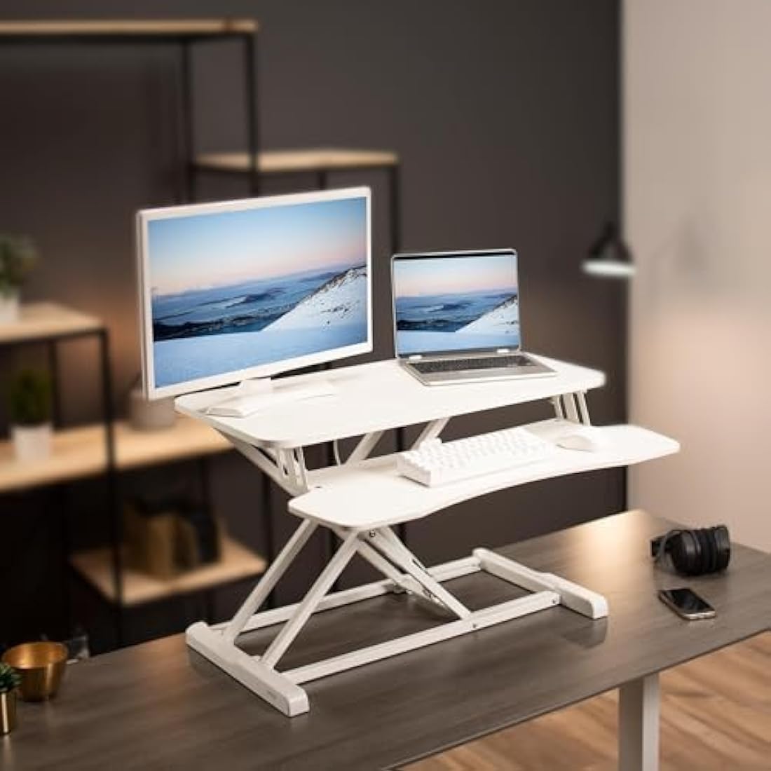 VIVO 81cm Height Adjustable Desk Converter | Dual Monitor Riser, White