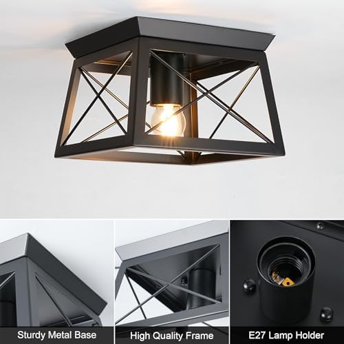 FORCOSO Industrial Flush Mount Ceiling Light – Matte Black Metal Square