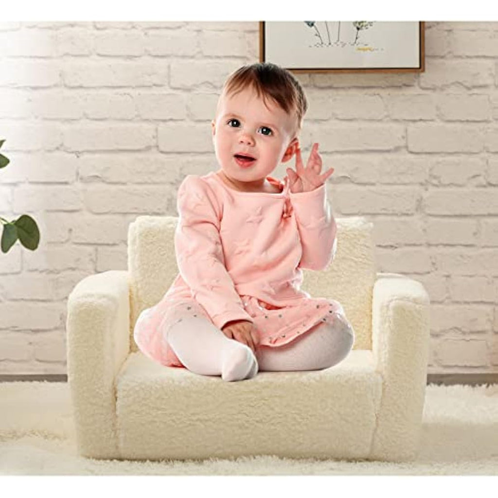 BEJOY Kids 2-in-1 Flip Out Sofa Bed – Sherpa Toddler Convertible Chair, White