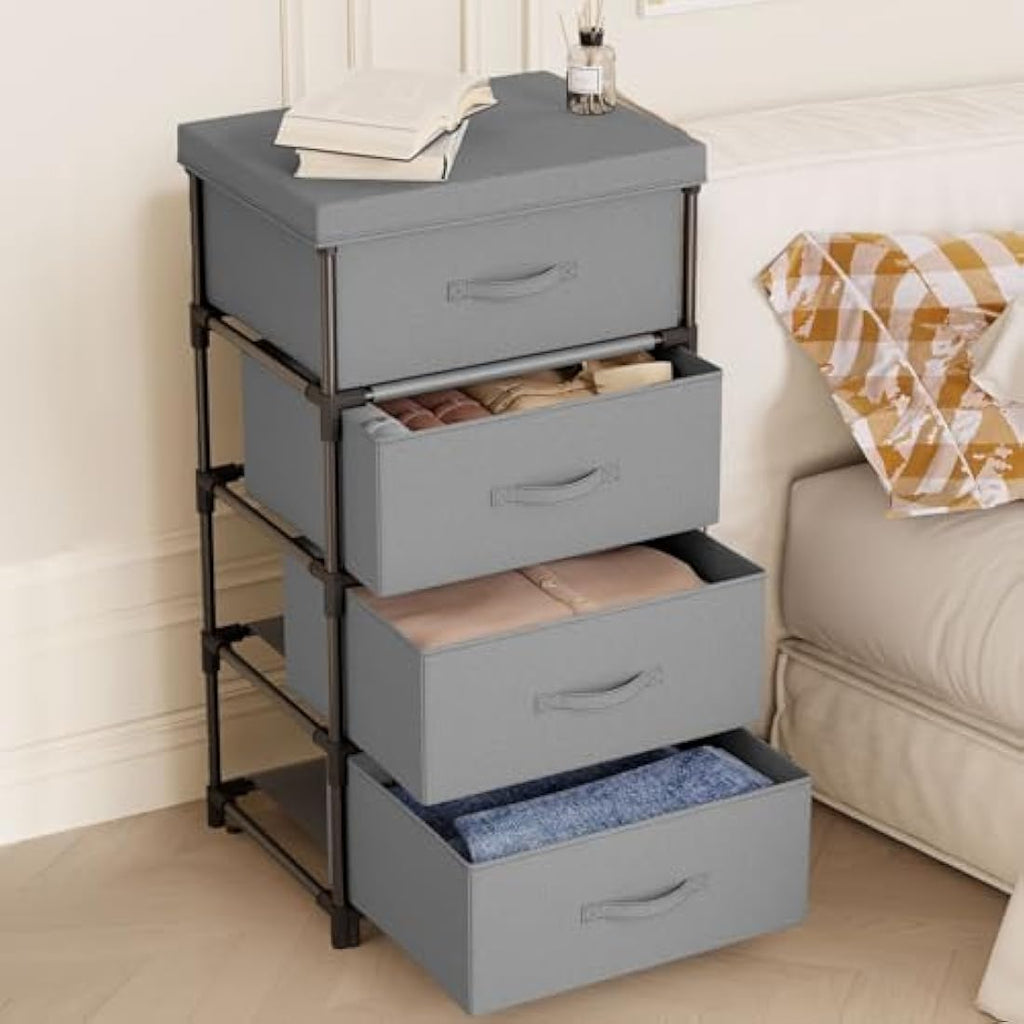 WANGIRL 4-Drawer Fabric Dresser – Grey Storage Chest with Steel Frame