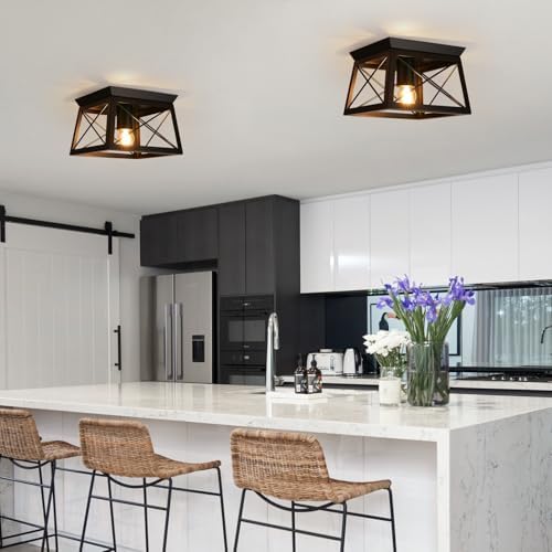 FORCOSO Industrial Flush Mount Ceiling Light – Matte Black Metal Square
