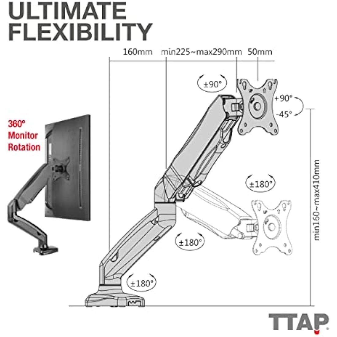 TTAP Single Gas Spring Monitor Arm – Height Adjustable 17-32" VESA Mount