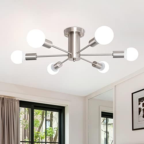 MRHYSWD Sputnik Ceiling Light | 6-Light Brushed Nickel Flush Mount