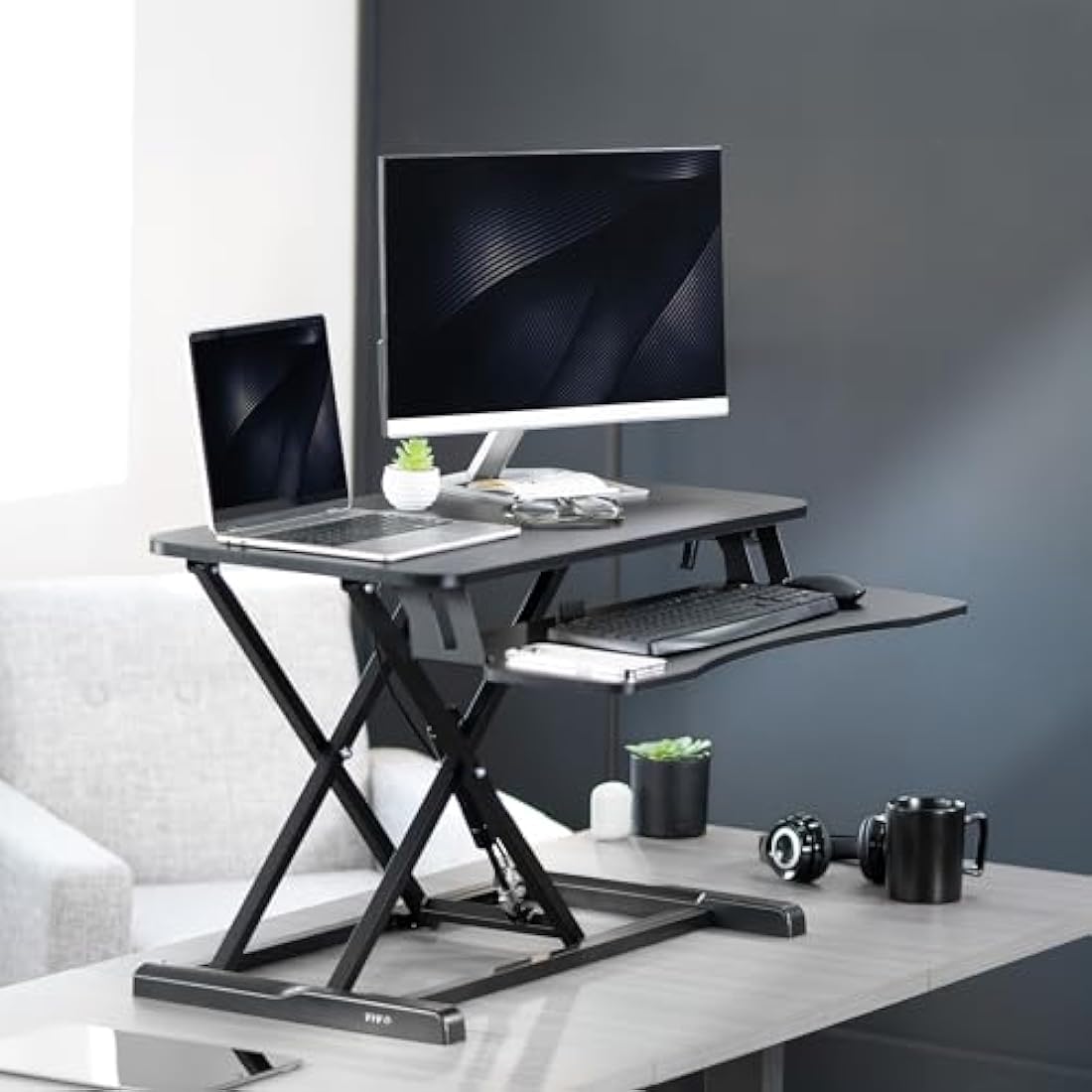 VIVO Standing Desk Converter | Height Adjustable Dual Monitor Riser - Black
