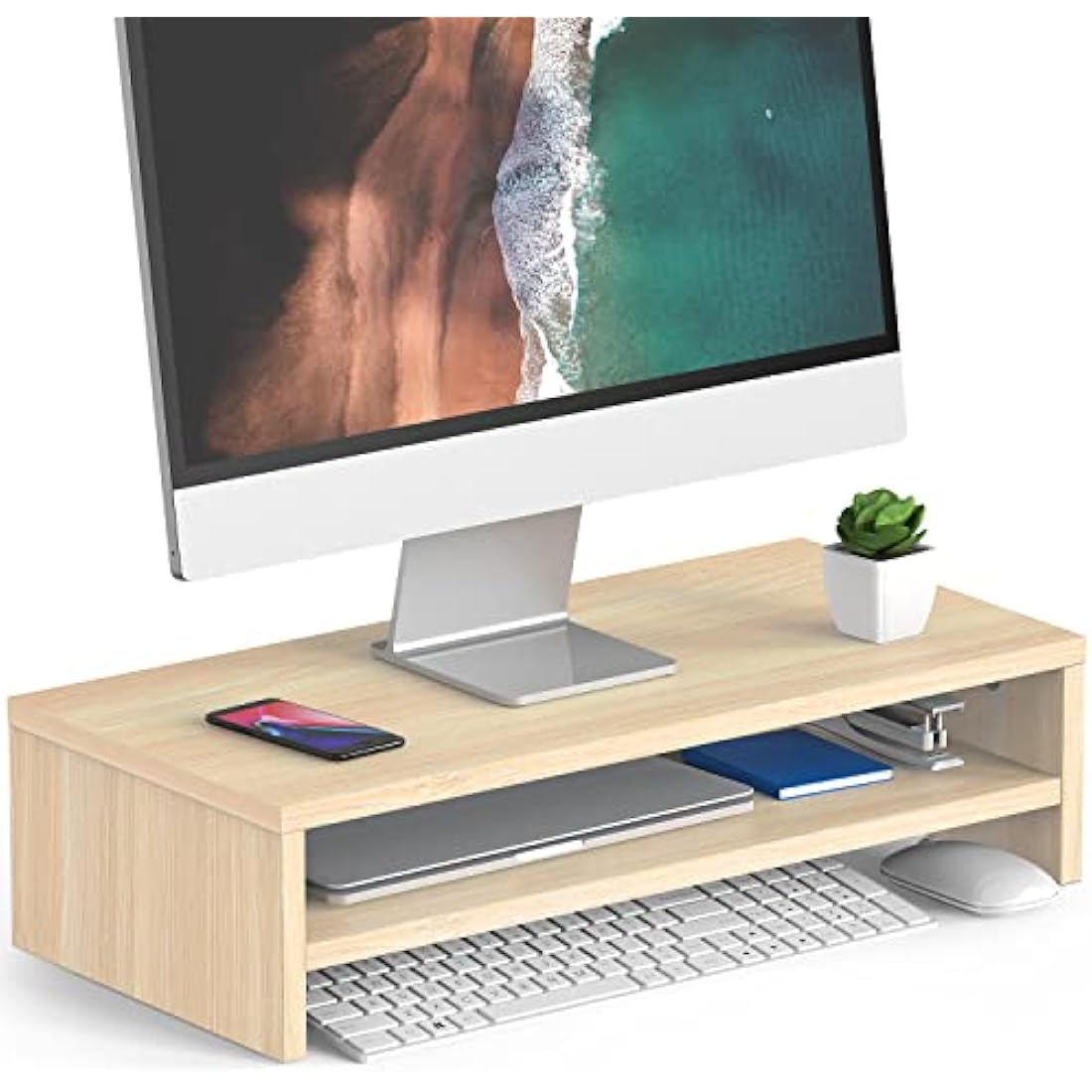 FITUEYES 2-Tier Wood Monitor Riser – 54cm Desktop Stand & Organizer, Oak