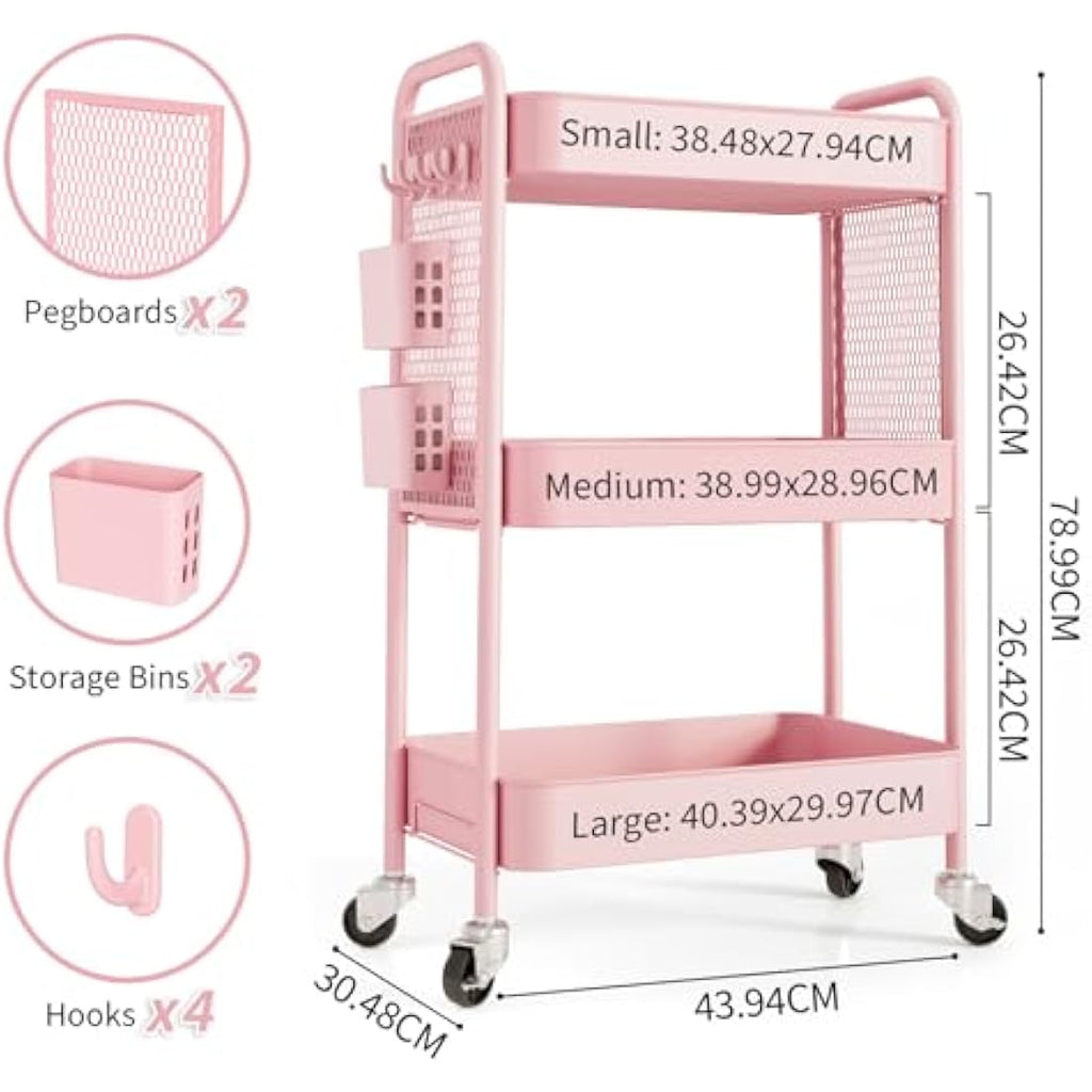 Urackify 3-Tier Rolling Storage Trolley with Pegboard & Hooks - Pink
