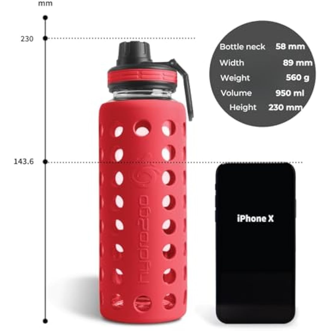 hydro2go Borosilicate Glass Water Bottle | 950ml Urban Red 2.0