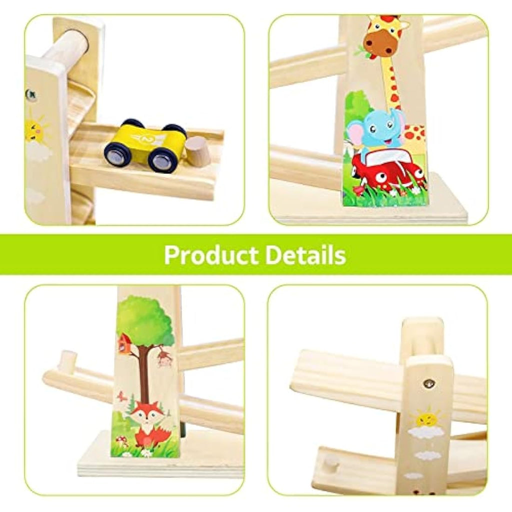 Wooden Car Ramp Toy – Toddler Race Track with 4 Cars