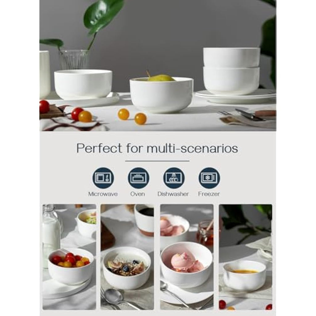 DOWAN 650ml White Porcelain Cereal Bowls | Set of 6 Stackable Soup Bowls