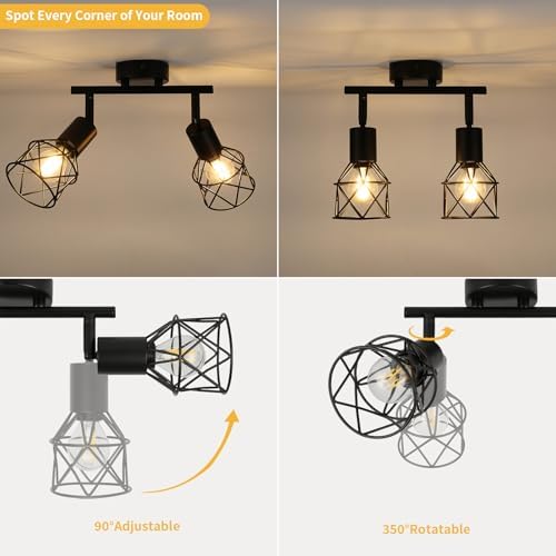 FORCOSO 2-Way Industrial Ceiling Spotlight | Black Metal Wire Cage Lamp
