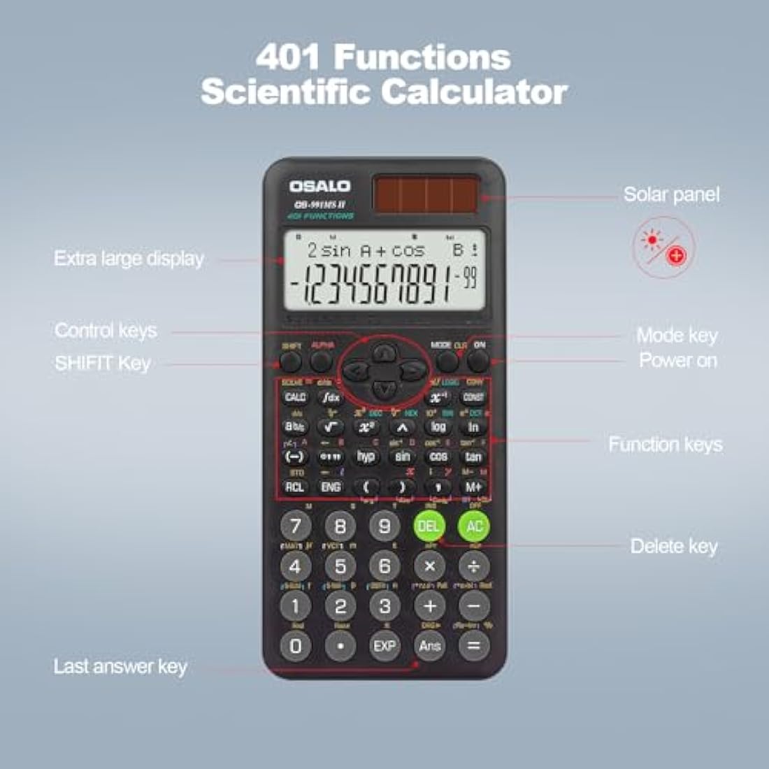 OSALO Scientific Calculator | 401 Functions Dual Power Solar & Battery