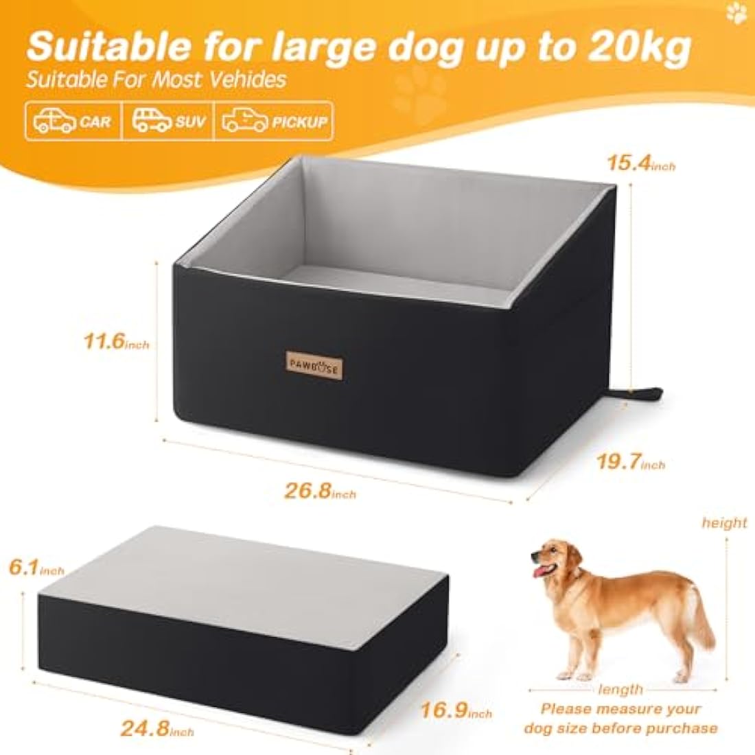 Firepaw Large Dog Car Seat – Washable Booster Seat for Dogs up to 55lbs