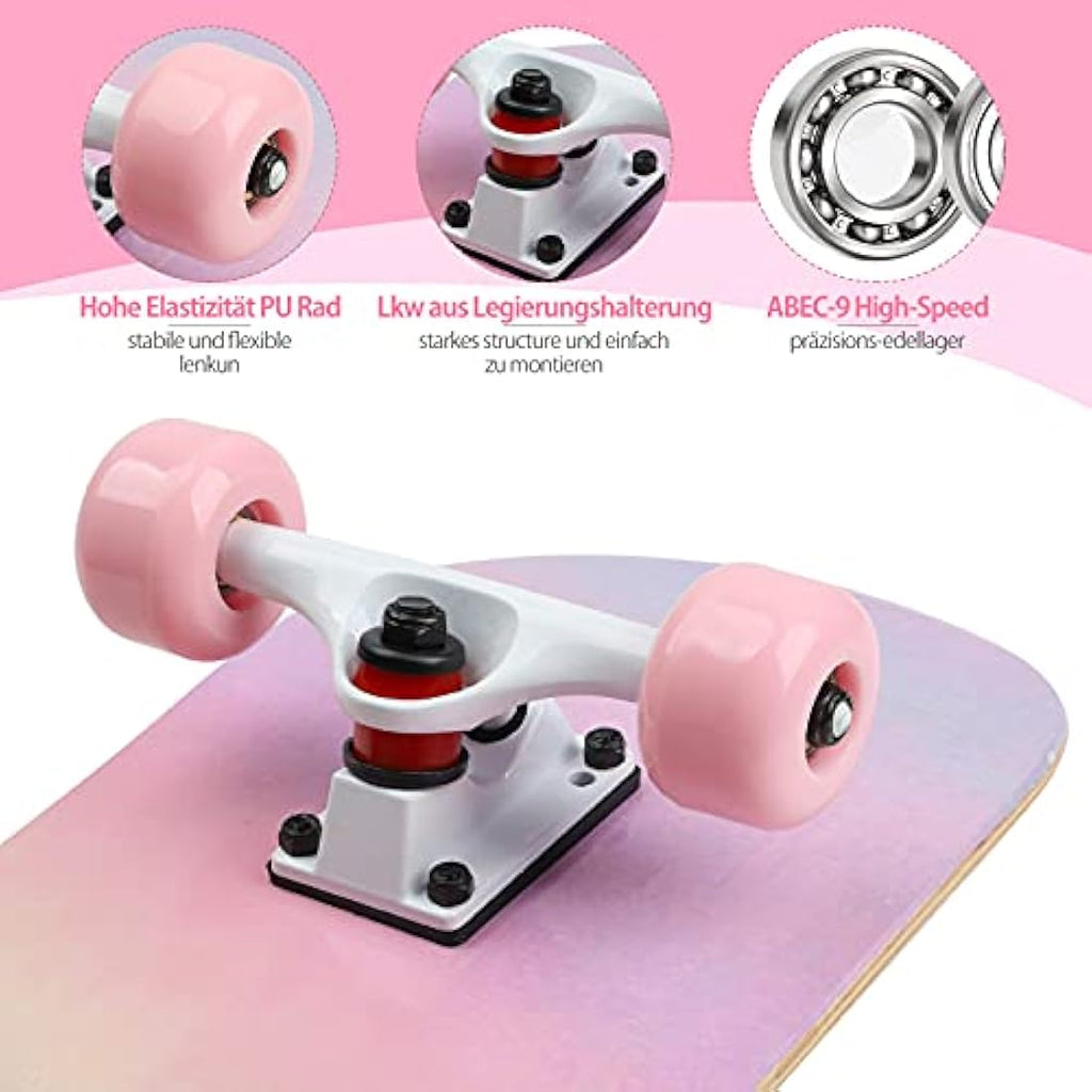 ILAHUI 7-Layer Maple Wood Skateboard for Beginners | Rainbow Powder