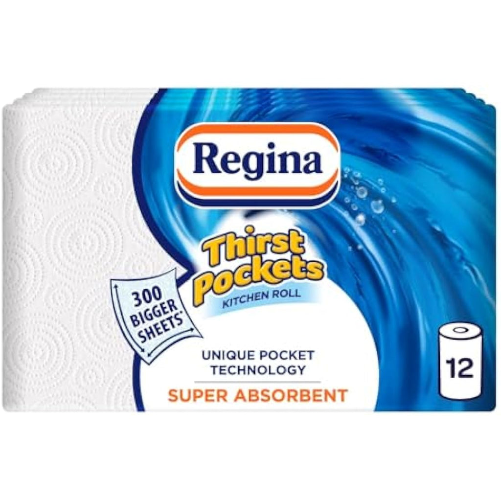 Regina Thirst Pockets Kitchen Roll – 12 Bulk Rolls, 1200 Sheets