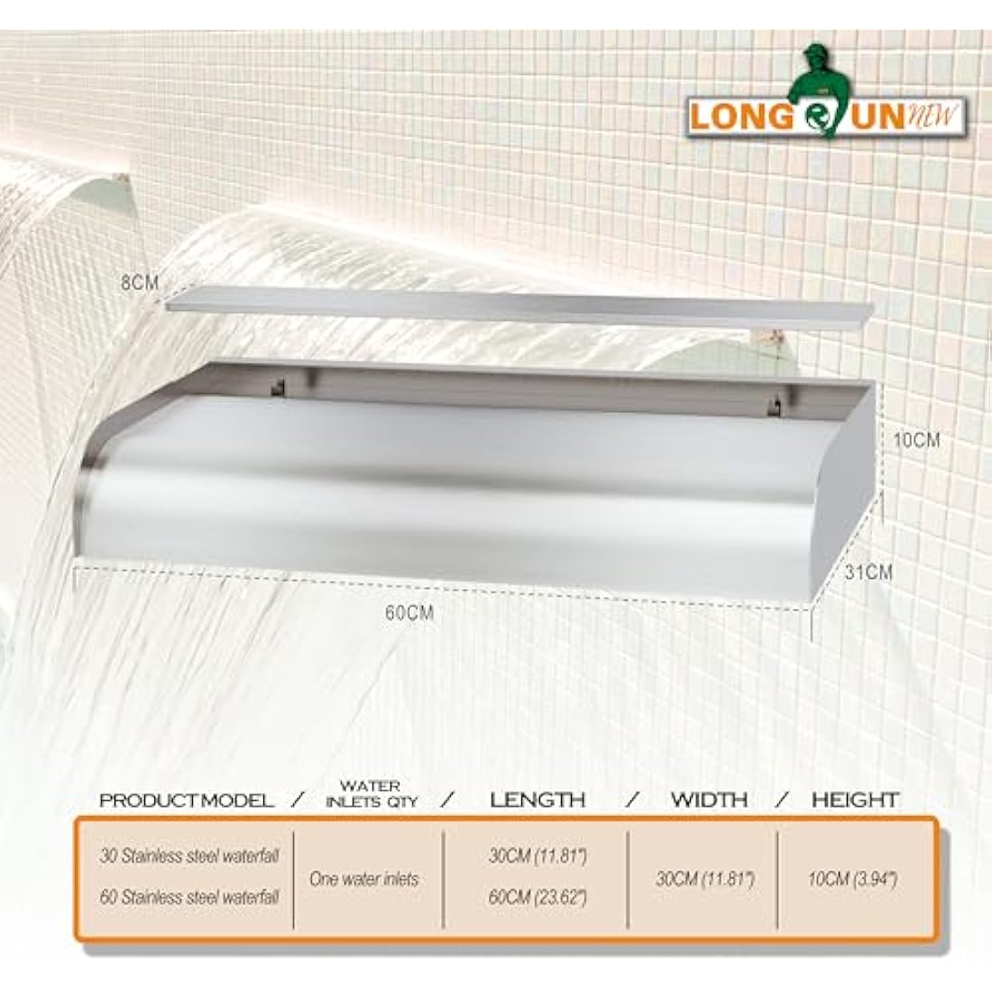 LONGRUNNEW 60cm Pond Waterfall Blade – 304 Stainless Steel Fountain