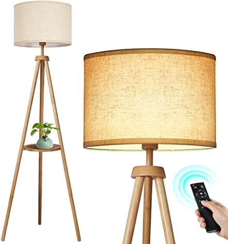 OUTON Tripod Floor Lamp – Dimmable Wood Standing Lamp with Shelf