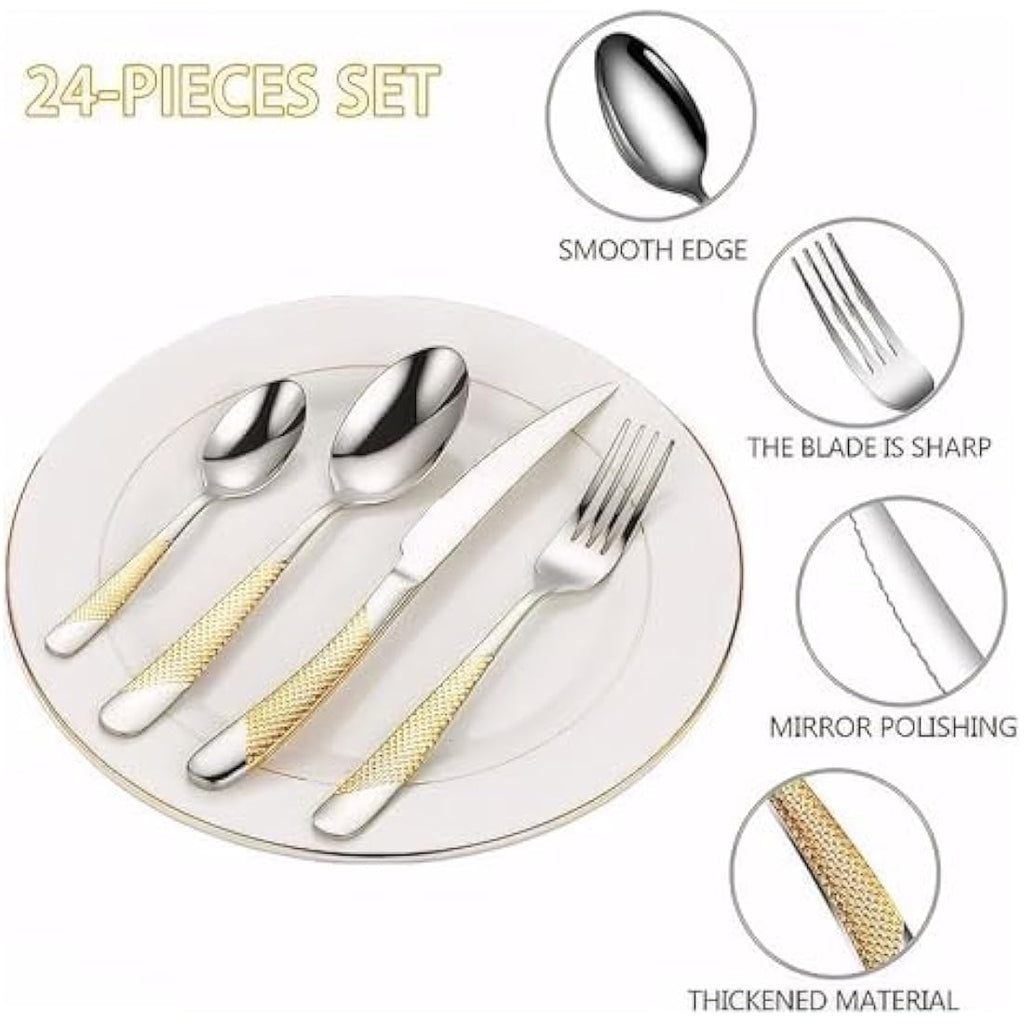 24-Piece Gold Stainless Steel Cutlery Set with Holder