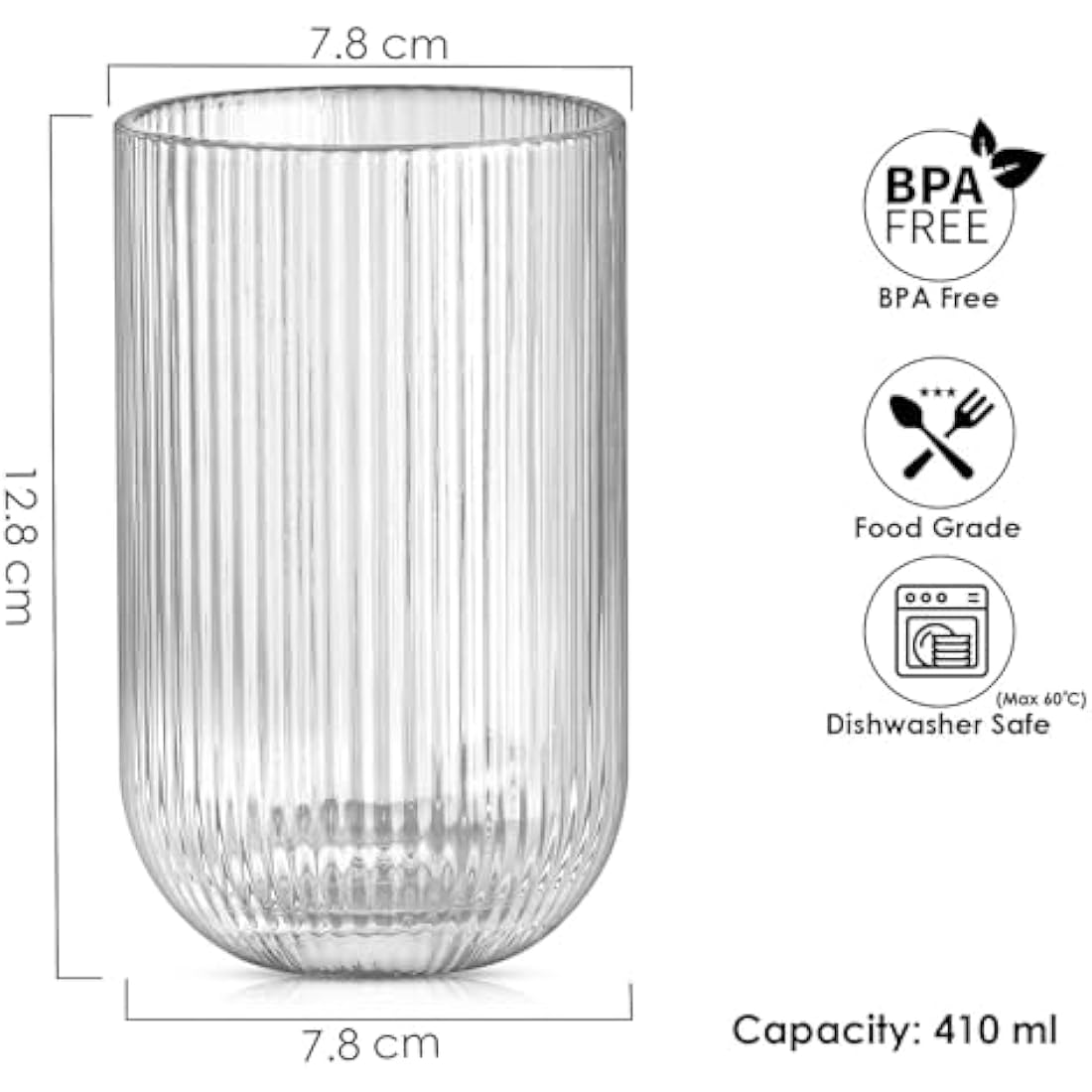 TKNO Ribbed Highball Glasses – 410ml Origami Style Fluted Tumblers, Set of 6