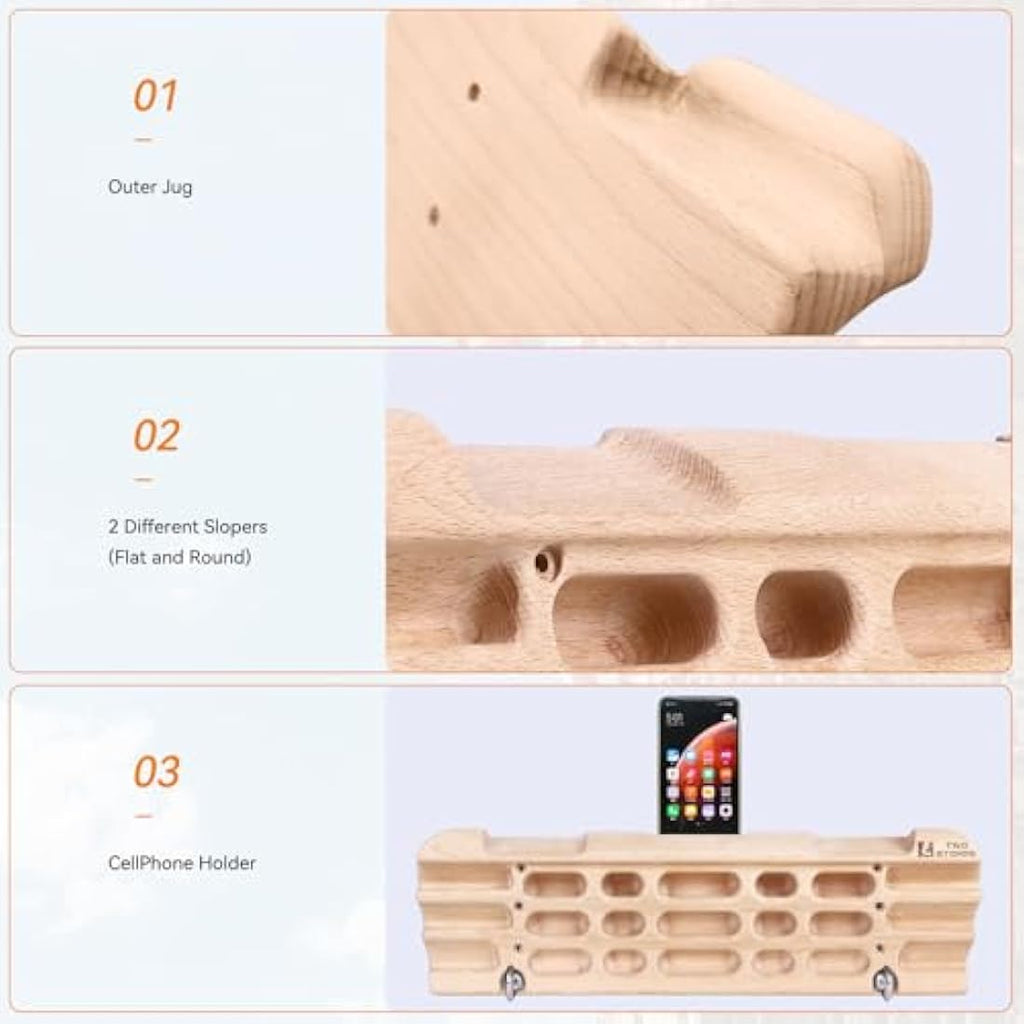 Wood Rock Climbing Hangboard with Phone Holder and Jugs