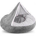 MICOOYO Hooded Donut Dog Bed – Large Grey Faux Fur Calming Pet Cave