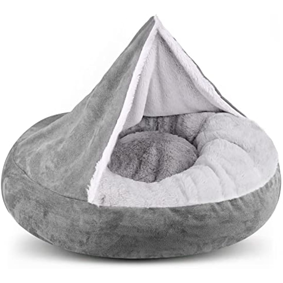 MICOOYO Hooded Donut Dog Bed – Large Grey Faux Fur Calming Pet Cave
