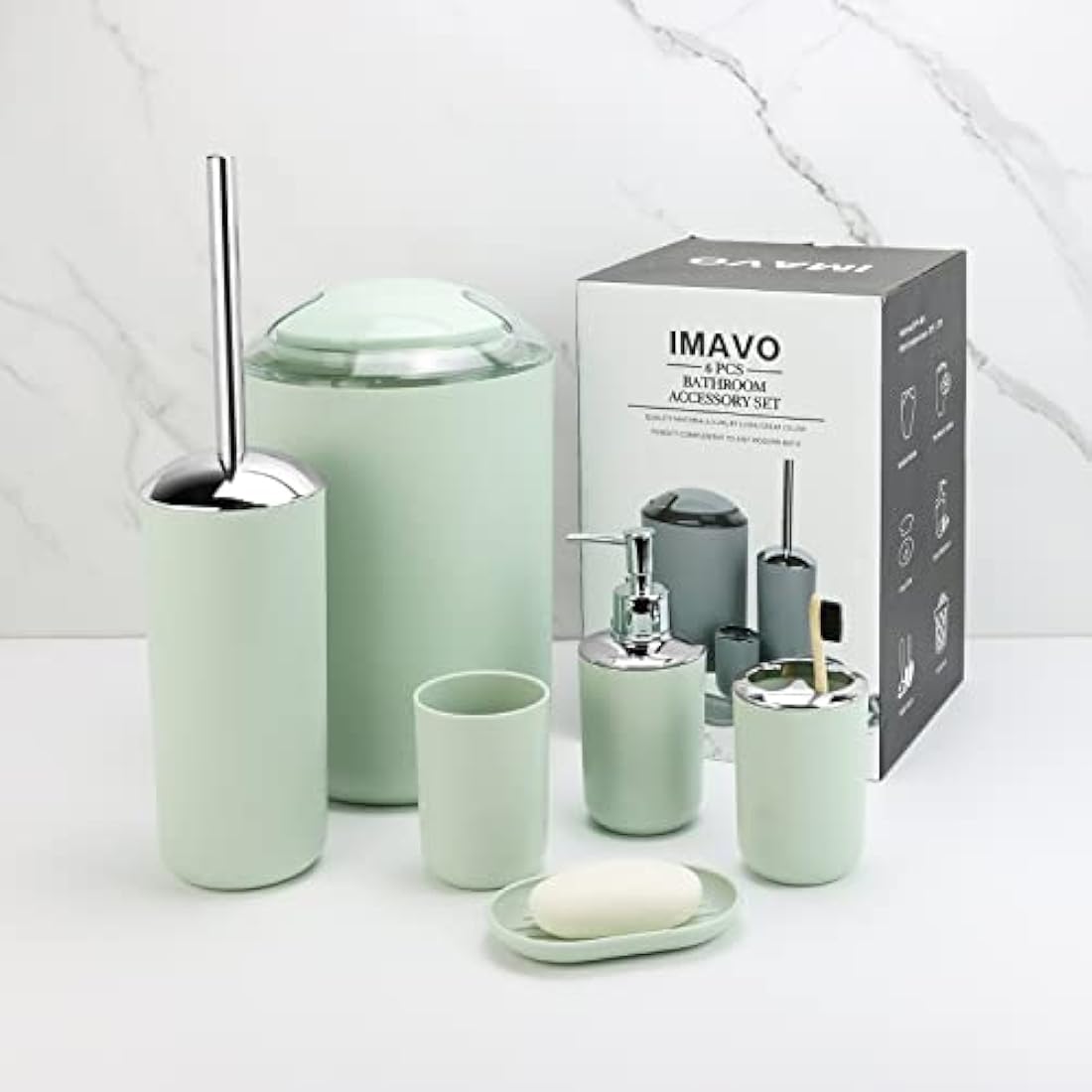 IMAVO 6-Piece Green Bathroom Accessory Set with Trash Can | Jolof Store