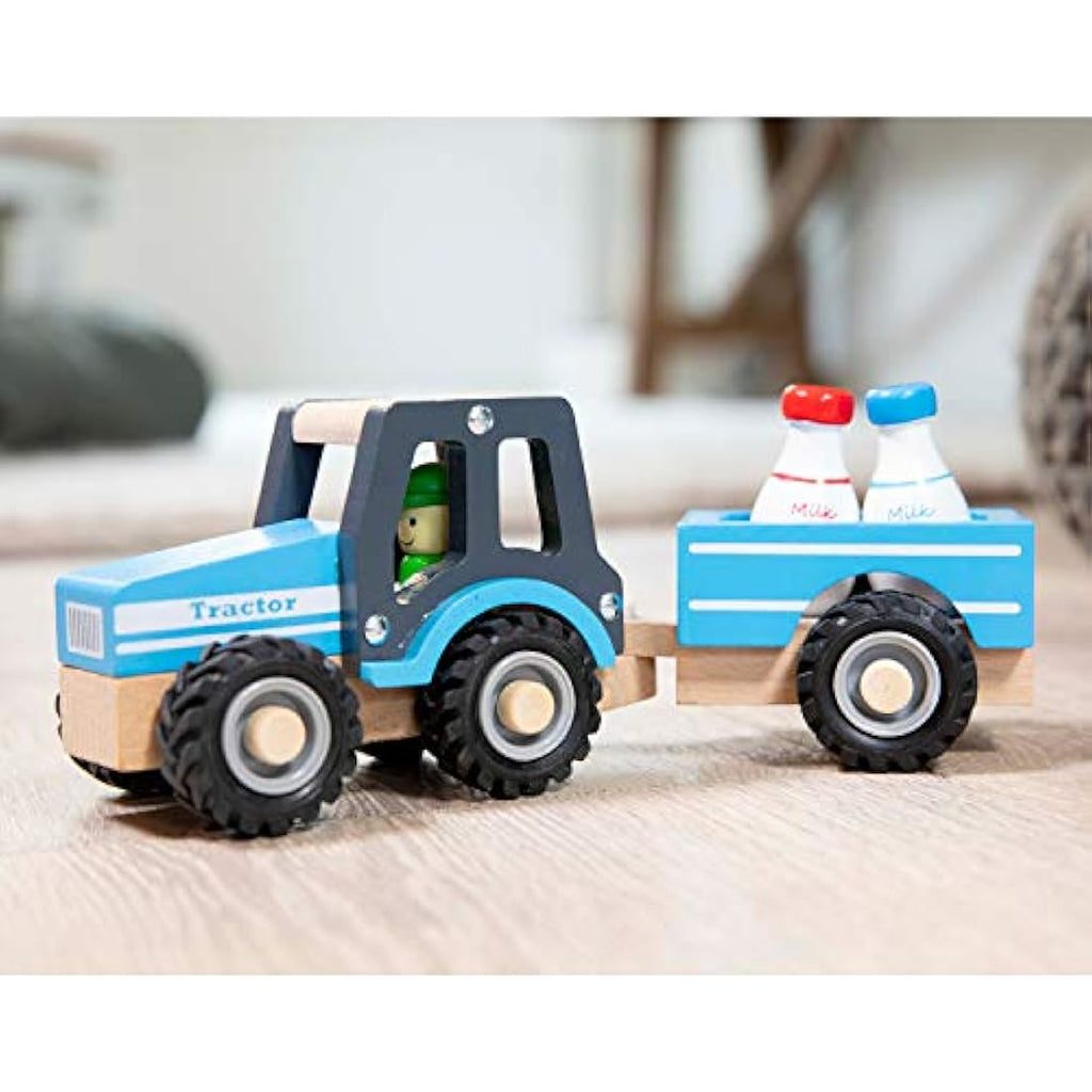 New Classic Toys Wooden Tractor with Trailer & Milk Bottles - Blue