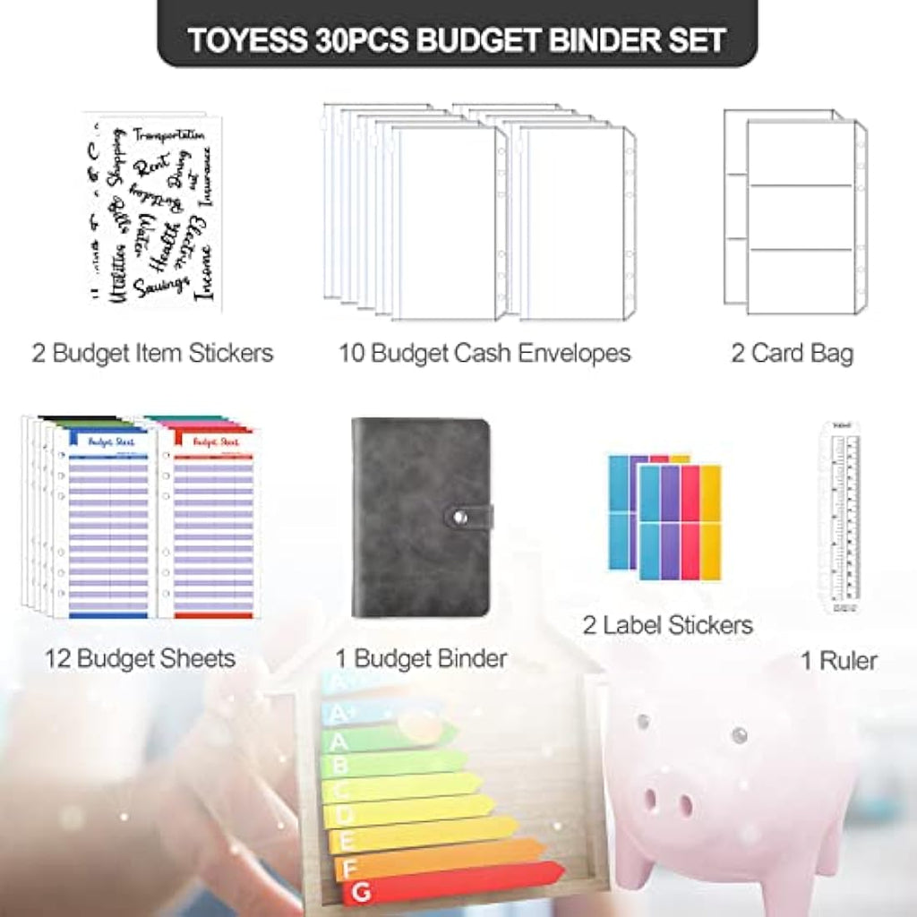 TOYESS A5 Leather Budget Binder - 30 Piece Cash Envelope System, Grey