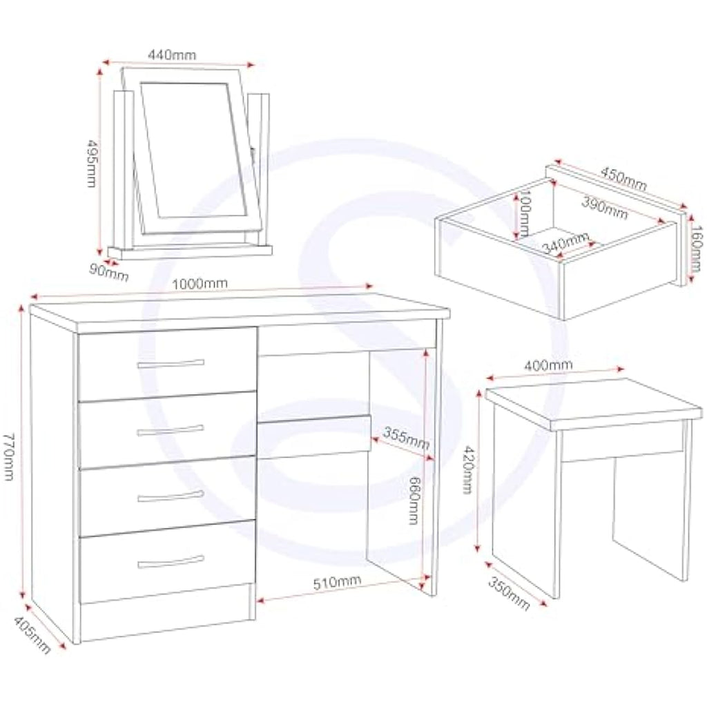 Seconique Nevada Dressing Table Set - 4 Drawers & Mirror - Grey Gloss