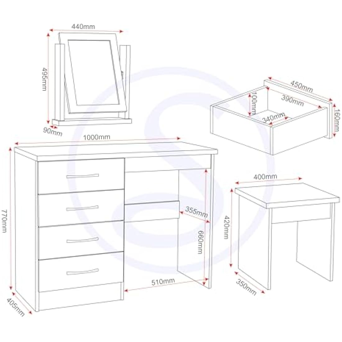 Seconique Nevada Dressing Table Set - 4 Drawers & Mirror - Grey Gloss