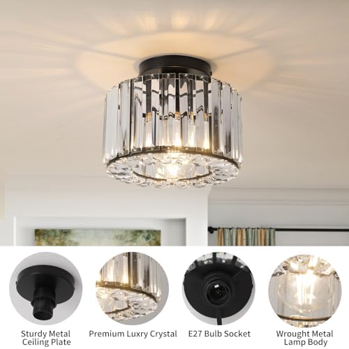 Modern Crystal Ceiling Light – Black Semi Flush Mount Lamp