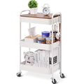 KINGRACK 3-Tier Metal Rolling Storage Trolley with Wooden Worktop