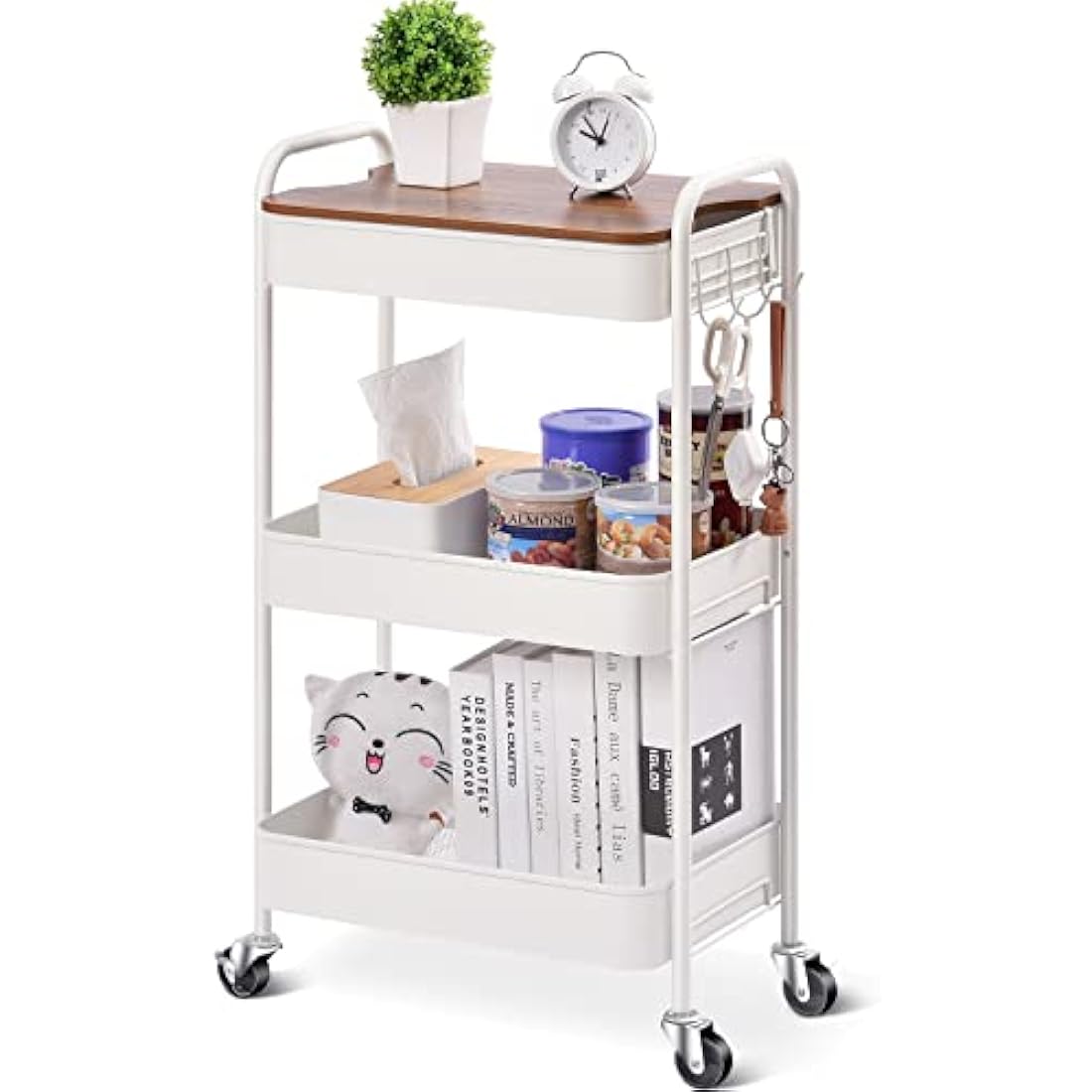 KINGRACK 3-Tier Metal Rolling Storage Trolley with Wooden Worktop
