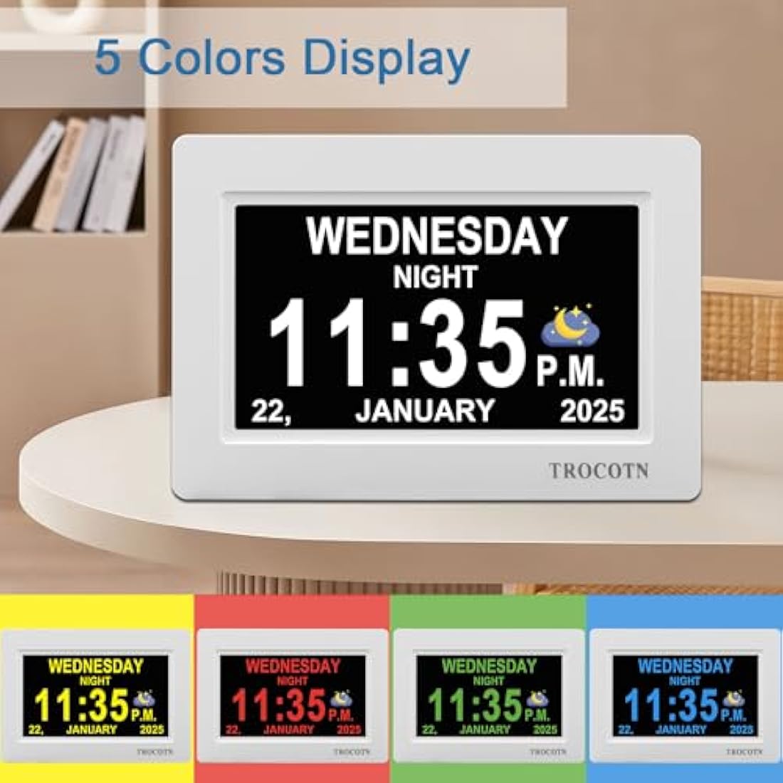 TROCOTN 7-Inch Digital Calendar Day Clock for Elderly – Large Display White