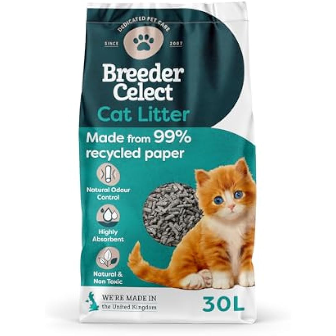 Breeder Celect Recycled Paper Cat Litter – 30L Non-Clumping Bedding