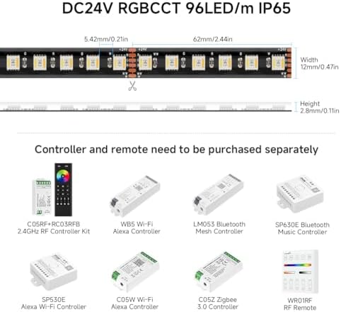 BTF-LIGHTING RGBCCT 5-in-1 LED Strip | 24V 5M IP65 Waterproof Black PCB