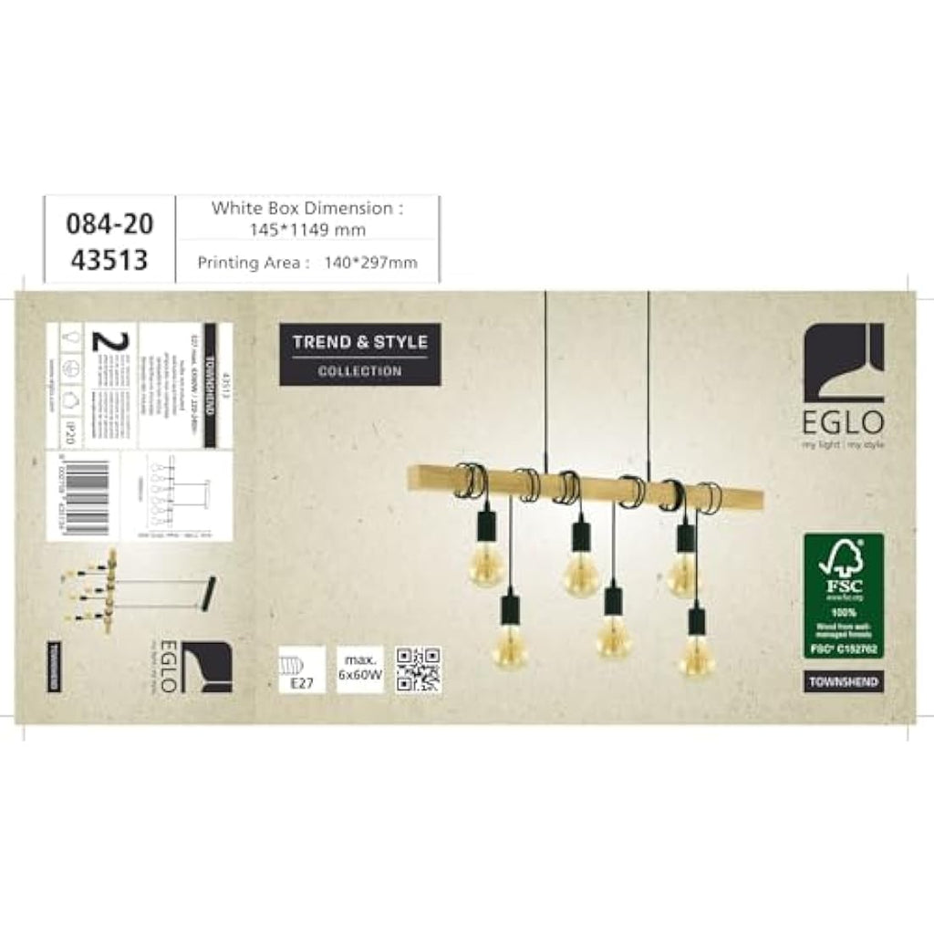 Eglo Townshend 6-Light Industrial Pendant – Wood & Black Metal