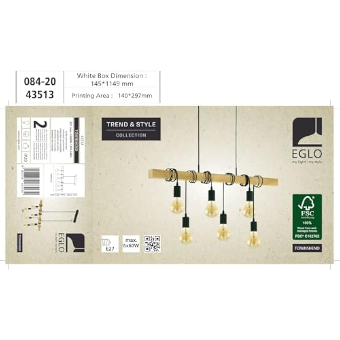 Eglo Townshend 6-Light Industrial Pendant – Wood & Black Metal