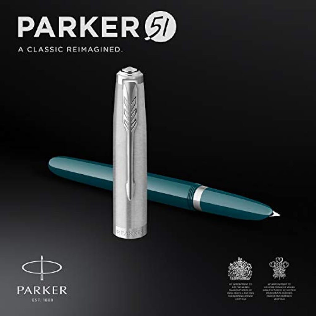 Parker 51 Fountain Pen – Teal Blue with Chrome Trim, Fine Nib