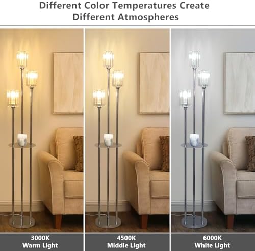 Rayofly 3-Light Crystal Floor Lamp with Shelves | Modern Chrome Standing Lamp