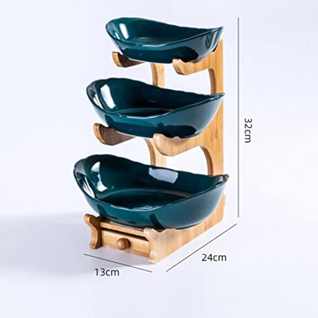 3-Tier Ceramic Fruit Bowl Set with Bamboo Stand – Dark Green