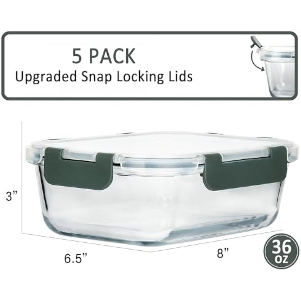 MCIRCO Glass Meal Prep Containers – 5 Pack 1040ml Airtight Food Storage