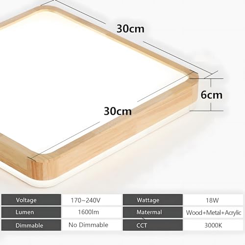 YYUTLUO Square Wood LED Ceiling Light – 360° Glow 18W Warm White Lamp