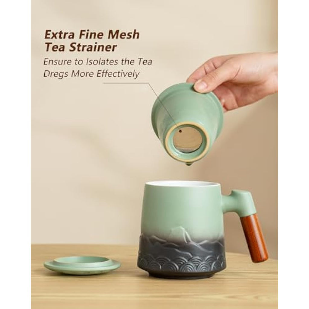 ZENS Ceramic Tea Infuser Mug with Wood Handle and Lid - 500ml Green