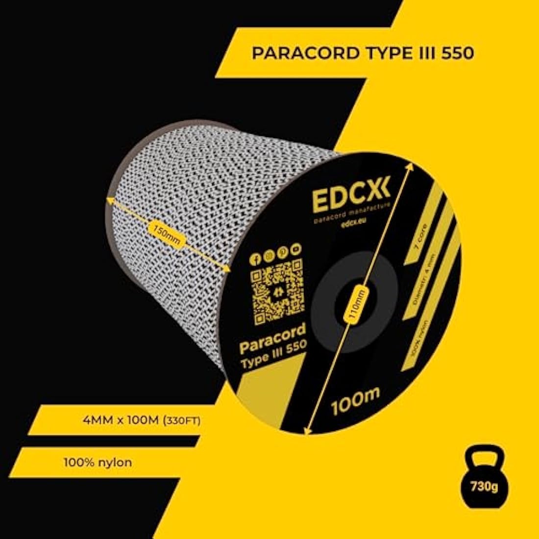 EDCX 550 Paracord – 4mm 7-Strand Nylon Rope for Camping and DIY