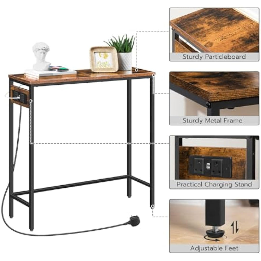 HOOBRO Slim Console Table with Charging Station | Narrow Industrial Sofa Table