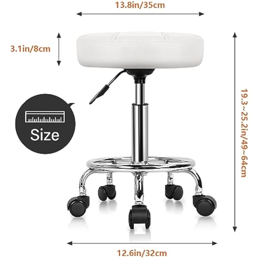 Jolof Store Round Rolling Stool – Adjustable PU Leather Swivel Chair, White