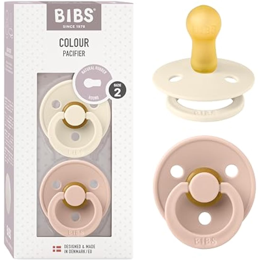 BIBS Colour Pacifier 2-Pack | Natural Rubber Latex | Ivory/Blush, Size 2