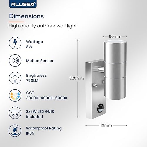 ALUSSO LED Outdoor Wall Light with Motion Sensor | IP65 Stainless Steel