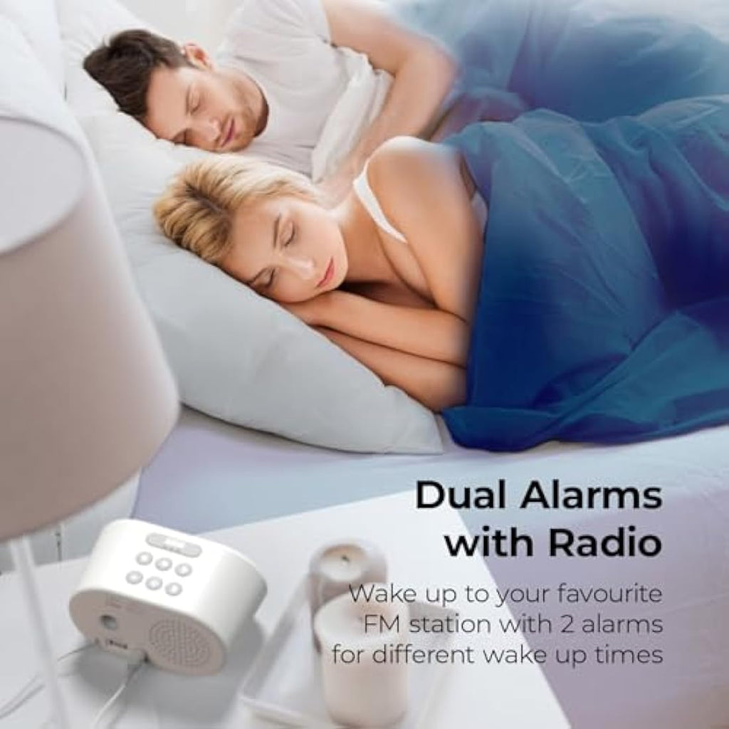 i-box Bedside FM Radio Alarm Clock with USB Charging & Dual Alarm - White